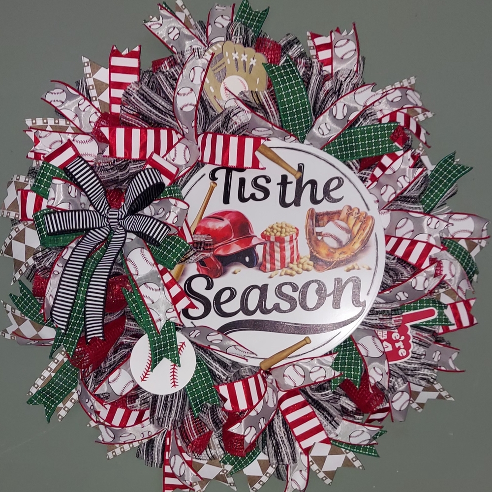 Hand Crafted ’Tis the Season Baseball Wreath - Red, Green, White